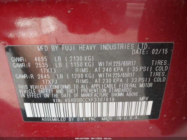 Subaru 2.5l u6 2015 4S4BSBCCXF3307019 Image 9