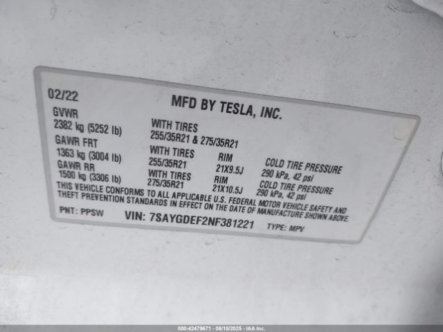 2022 TESLA MODEL Y 7SAYGDEF2NF381221 Photo 8