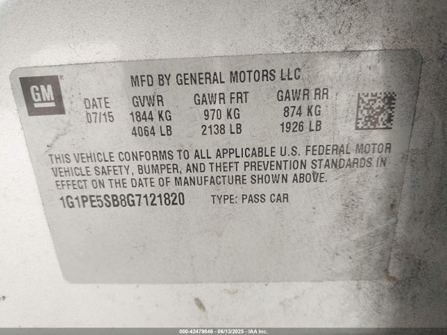 1G1PE5SB8G7121820 Chevrolet Cruze Limited 1lt Auto