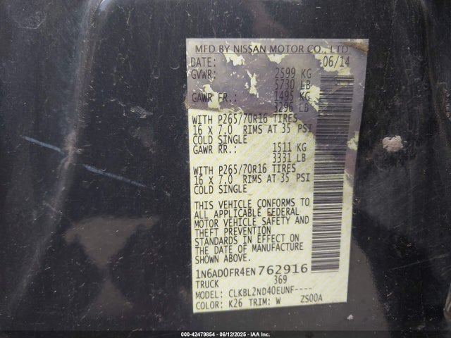 1N6AD0FR4EN762916 Nissan Frontier Sv