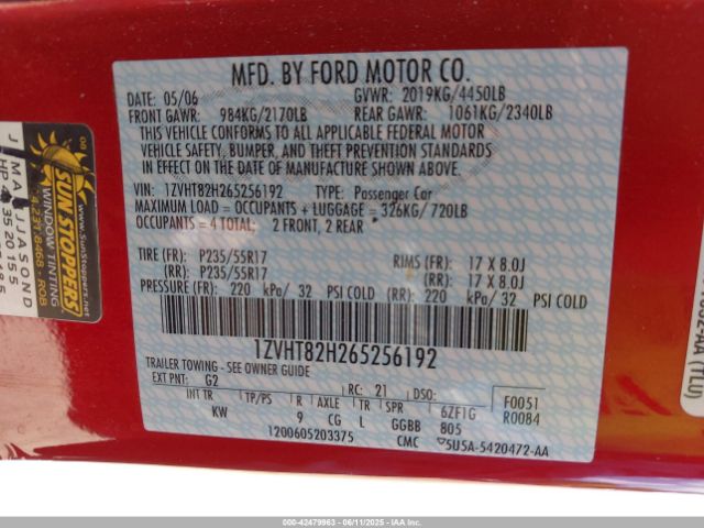2006 FORD MUSTANG 1ZVHT82H265256192 Photo 8