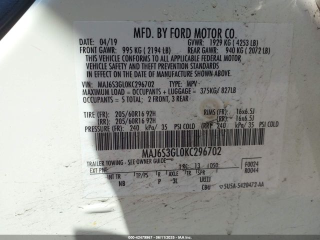 MAJ6S3GL0KC296702 Ford Ecosport