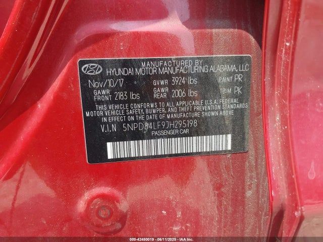 5NPD84LF9JH295198 Hyundai mpi nu