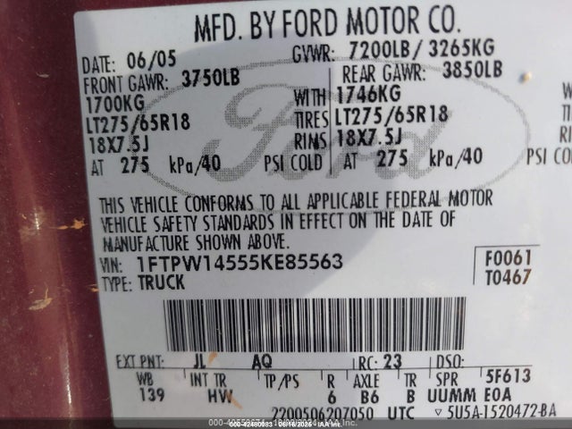 Продаж на аукціоні авто 2005 Ford F-150 Fx4/lariat/xlt, vin: 1FTPW14555KE85563, номер лоту: 42480083