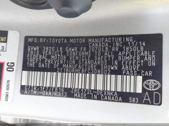 2T1BURHE8FC308002 Toyota 2zr-fe
