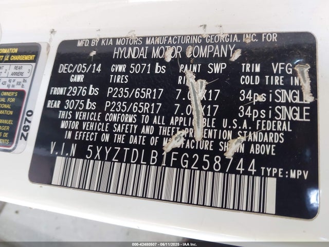 5XYZTDLB1FG258744 Hyundai dohc gdi theta ii