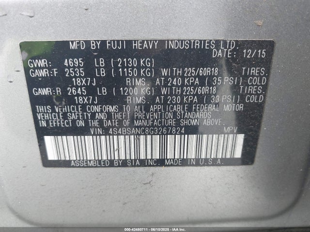 4S4BSANC8G3267824 Subaru 2.5l u5
