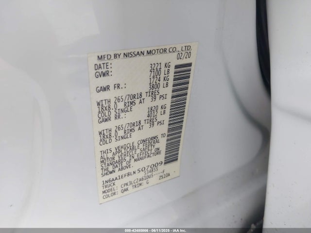 2020 Nissan Titan Sv 4x2 მანქანა იყიდება აუქციონზე, vin: 1N6AA1EF8LN507009, აუქციონის ნომერი: 42480866