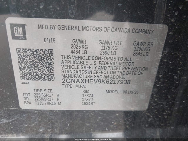 2GNAXHEV9K6217938 Chevrolet lyx - direct injection, vvt, fgt, turbo, alum, gen1