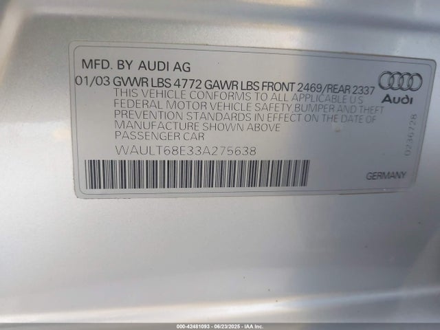2003 AUDI A4 WAULT68E33A275638 Photo 8