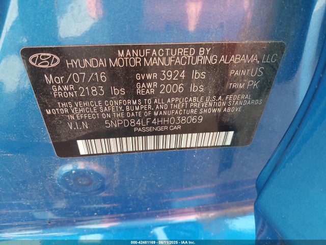 5NPD84LF4HH038069 Hyundai 2017