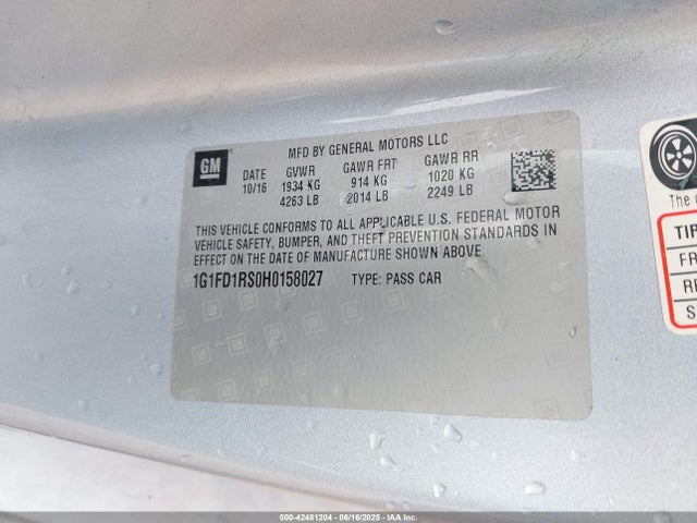 1G1FD1RS0H0158027 Chevrolet lgx - di: direct injection, vvt: variable valve timing, alum, gen 2
