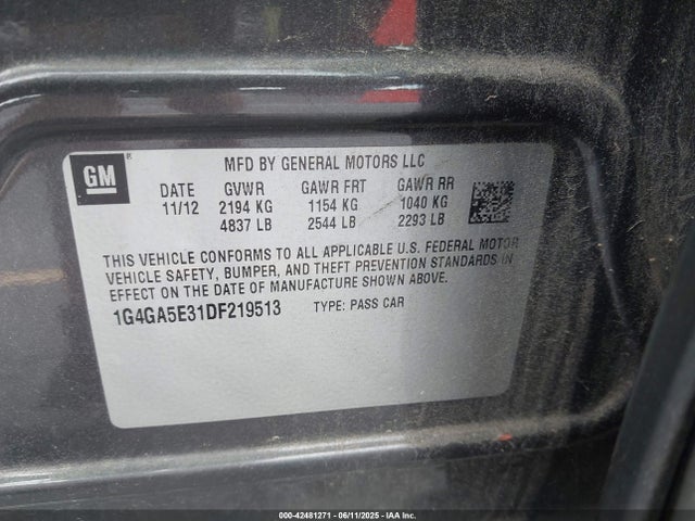 42481271 :رقم المزاد ، 1G4GA5E31DF219513 vin ، 2013 Buick Lacrosse مزاد بيع