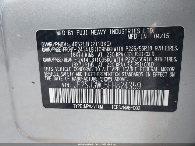Aukcja sprzedaży 2015 Subaru Forester 2.0xt Touring, vin: JF2SJGWC5FH824359, numer aukcji: 42481505