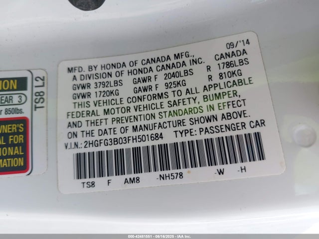 Honda r18z1 2015 2HGFG3B03FH501684 Image 9