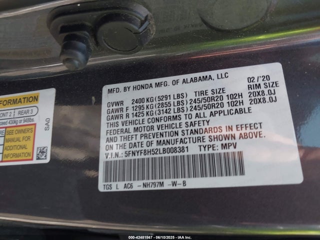 5FNYF8H52LB008381 Honda Passport Awd Ex-l