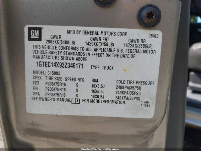 2003 GMC SIERRA 1500 1GTEC14X93Z346171 Photo 8