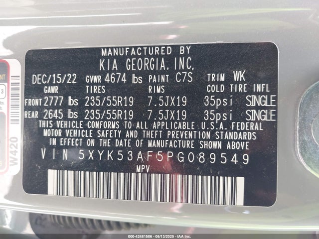 5XYK53AF5PG089549 KIA gdi theta iii