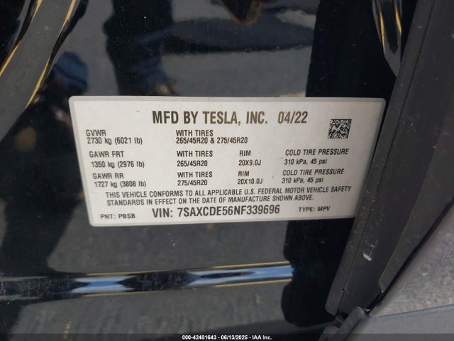 2022 TESLA MODEL X 7SAXCDE56NF339696 Photo 8