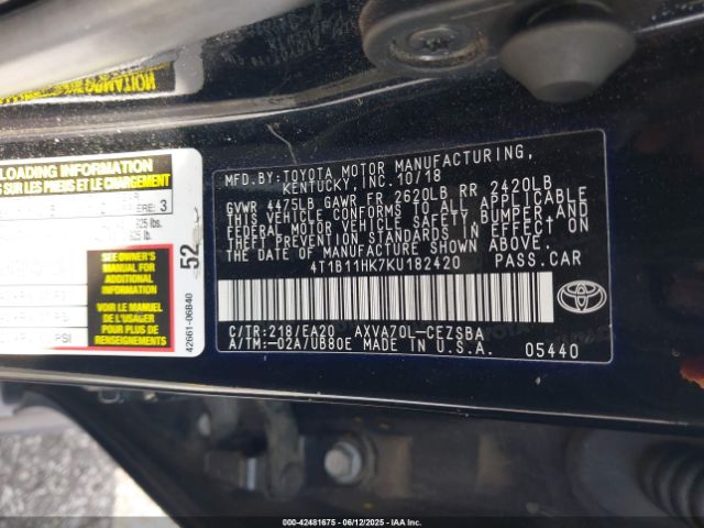 2019 TOYOTA CAMRY 4T1B11HK7KU182420 Photo 8