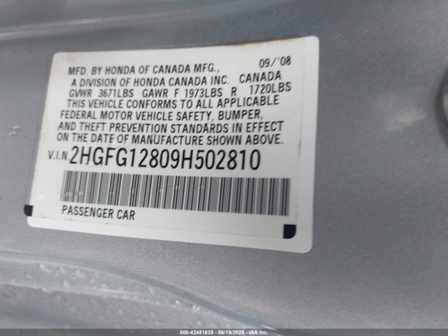 Продажа на аукционе авто 2009 Honda Civic Ex, vin: 2HGFG12809H502810, номер лота: 42481835
