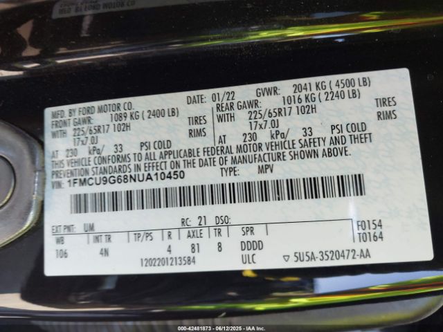 2022 FORD ESCAPE 1FMCU9G68NUA10450 Photo 8