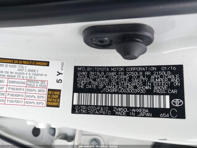 JTDKBRFU0G3003930 Toyota Prius Two