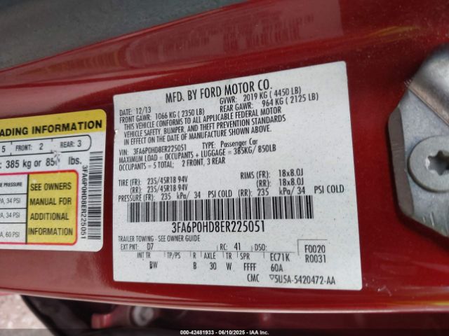 3FA6P0HD8ER225051 Ford FUSION SE