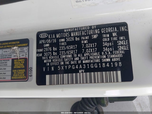 5XYPG4A31GG184198 KIA dohc gdi theta ii