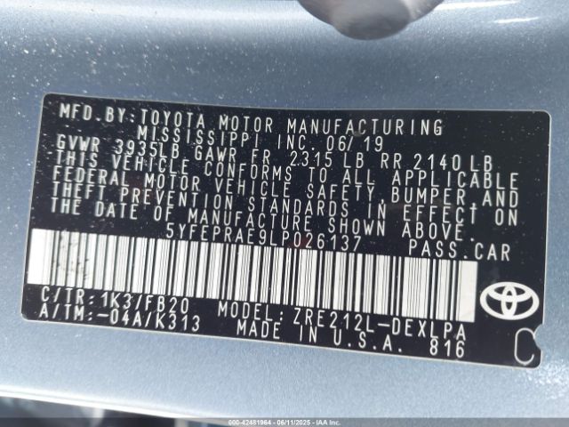 2020 TOYOTA COROLLA 5YFEPRAE9LP026137 Photo 8