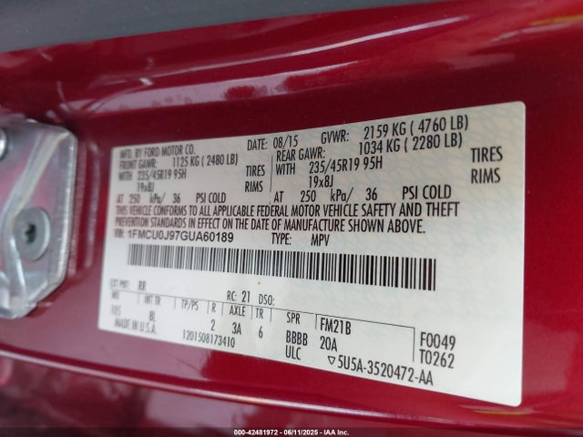 Ford 2016 2016 1FMCU0J97GUA60189 Image 9