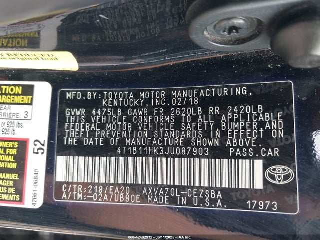 4T1B11HK3JU087903 Toyota a25a-fks