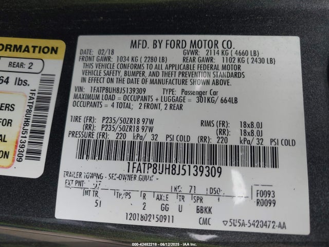 1FATP8UH8J5139309 Ford 2.3l 4v premium fuel