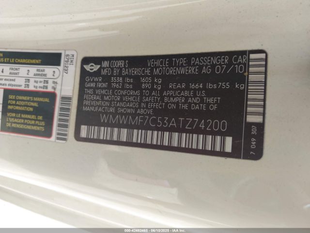 2010 MINI COOPER S WMWMF7C53ATZ74200 Photo 8