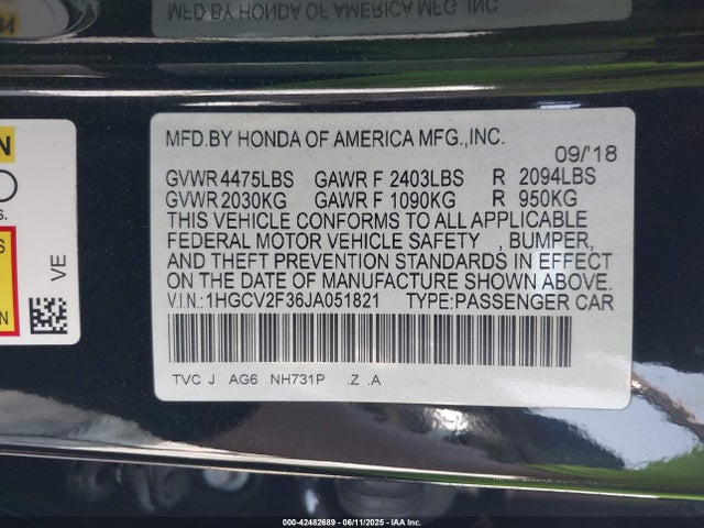1HGCV2F36JA051821 Honda k20c4