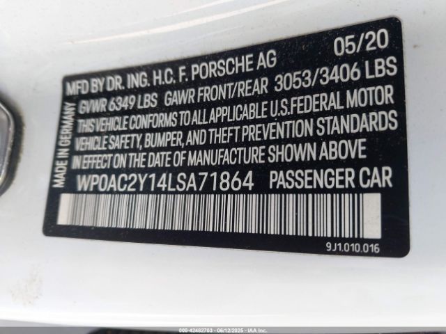 2020 PORSCHE TAYCAN WP0AC2Y14LSA71864 Photo 8