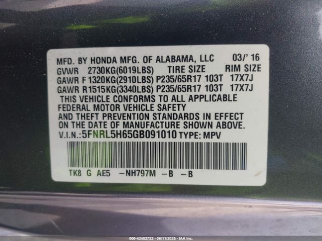 5FNRL5H65GB091010 Honda j35z8