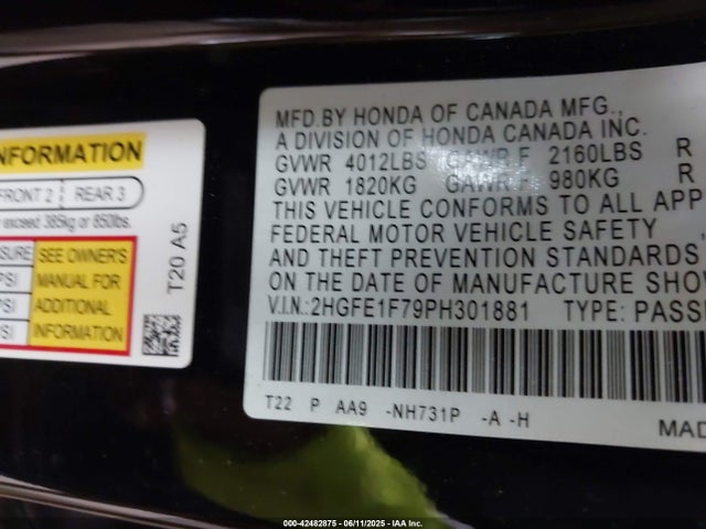 Honda l15b7 2023 2HGFE1F79PH301881 Image 9