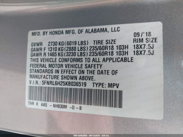 5FNRL6H25KB036519 Honda ODYSSEY LX