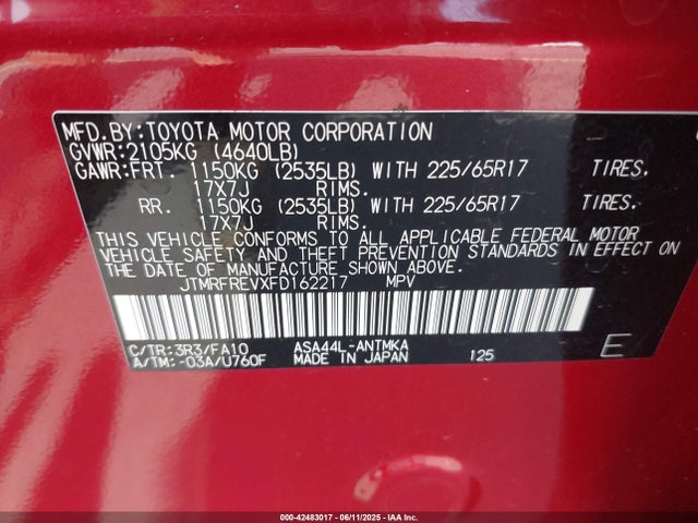 Toyota 2ar-fe 2015 JTMRFREVXFD162217 Image 9