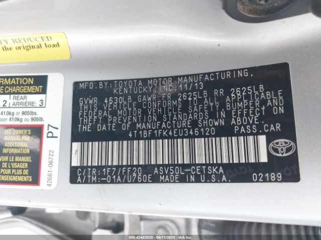 4T1BF1FK4EU346120 Toyota CAMRY SE