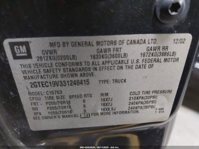 Aukcja sprzedaży 2003 Gmc Sierra 1500 Sle, vin: 2GTEC19V331248415, numer aukcji: 42483026