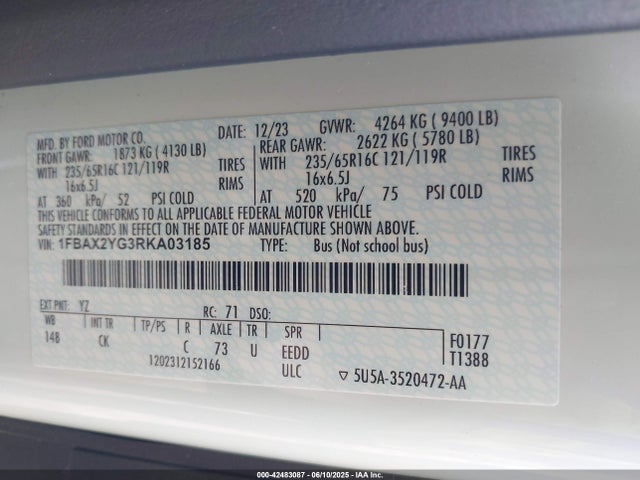 1FBAX2YG3RKA03185 Ford Transit-350 Passenger Van Xlt