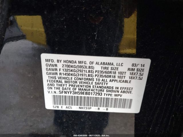 5FNYF3H59EB017293 Honda Pilot Ex-l