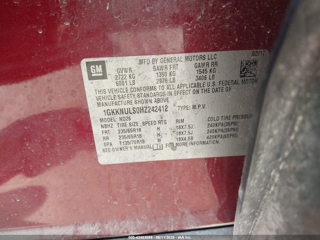 1GKKNULS0HZ242412 GMC lgx - di: direct injection, vvt: variable valve timing, alum, gen 2