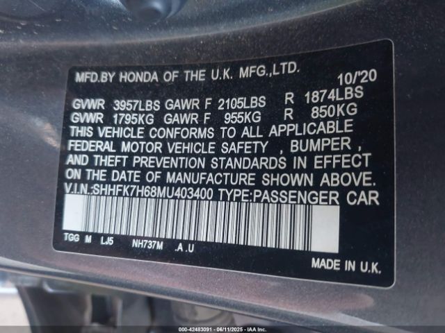 2021 HONDA CIVIC SHHFK7H68MU403400 Photo 8
