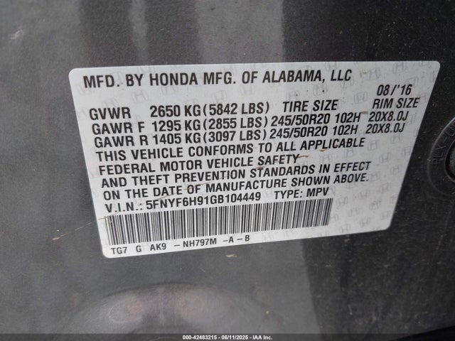5FNYF6H91GB104449 Honda j35y6