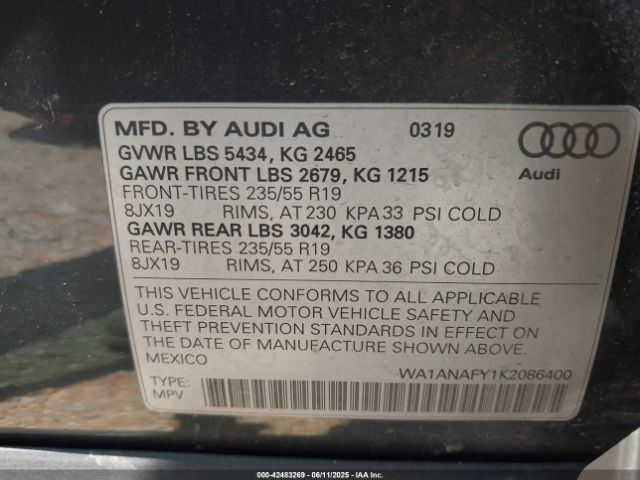 2019 AUDI Q5 WA1ANAFY1K2086400 Photo 8