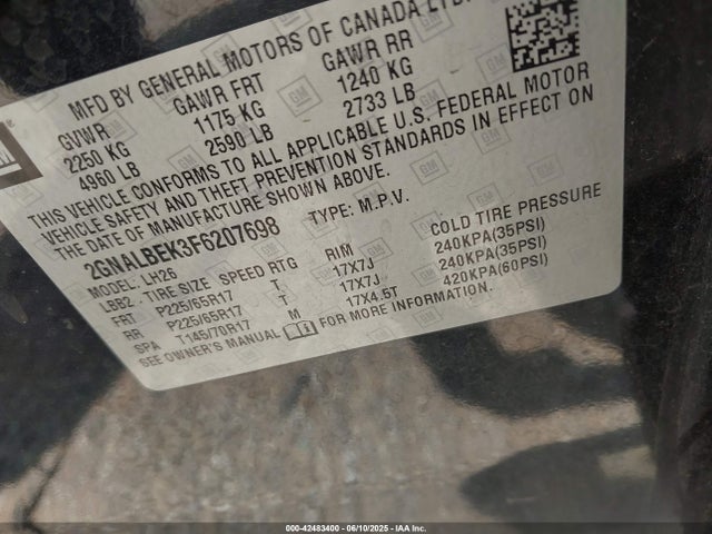 Chevrolet EQUINOX 1LT 2015 2GNALBEK3F6207698 Image 9