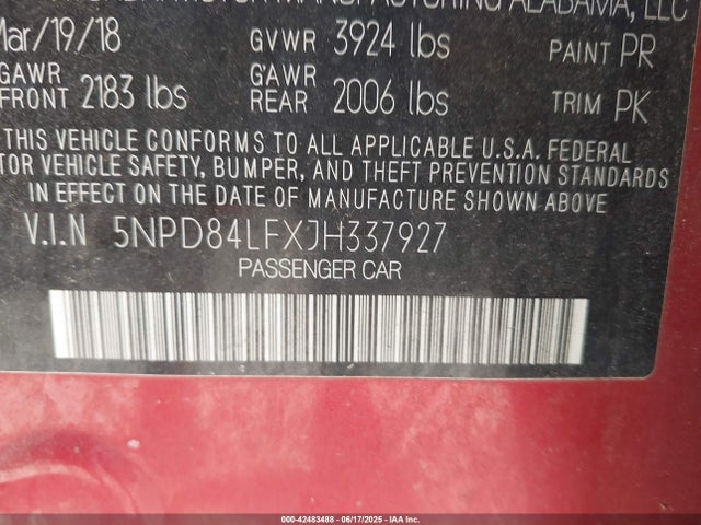 5NPD84LFXJH337927 Hyundai mpi nu